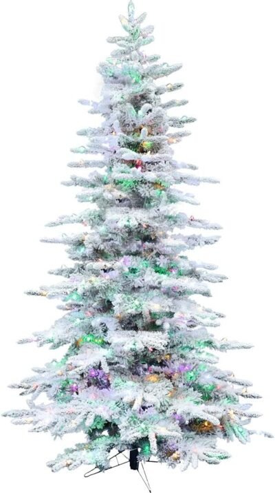 Fraser Hill Farm 12-ft. Pine Valley Flocked Christmas Tree with Dual Multicolor & Warm White LED Lights, Snowy and Modern Tree with Remote Control, Artificial Tree for Indoor Holiday Decor