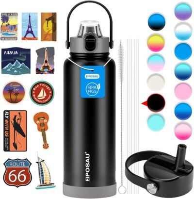 Insulated Water Bottle with Lid & Boot & Stickers, 40 oz Stainless Steel Sweat Free Bottle Keep Cold 24H, BPA-Free Sports Wide Mouth Water Bottle, Black